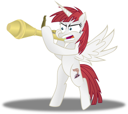 Size: 6966x6196 | Tagged: safe, artist:medio-cre, imported from derpibooru, oc, oc only, oc:fausticorn, pony, absurd resolution, angry, bipedal, lauren faust, panzerfaust, pun, recoilless rifle, rocket launcher, solo, upset, weapon