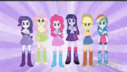 Size: 603x341 | Tagged: safe, imported from derpibooru, applejack, fluttershy, pinkie pie, rainbow dash, rarity, twilight sparkle, equestria girls, animated, commercial, dancing, eg stomp, equestria girls prototype, female, magic of friendship (equestria girls), mane six, rubber boots, the equestria stompers