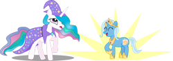 Size: 1494x534 | Tagged: safe, artist:medio-cre, imported from derpibooru, princess celestia, trixie, accessory swap, duo