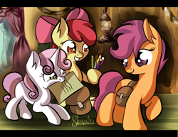 Size: 948x733 | Tagged: safe, artist:sherarina, imported from derpibooru, apple bloom, scootaloo, sweetie belle, earth pony, pegasus, pony, unicorn, cutie mark crusaders, mouth hold, paper, pencil, saddle bag, school
