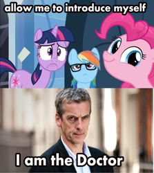 Size: 1655x1855 | Tagged: safe, imported from derpibooru, pinkie pie, rainbow dash, twilight sparkle, alien, doctor who, glasses, hipster glasses, peter capaldi, the doctor, time lord, twelfth doctor, twiface, wrong neighborhood