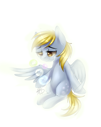 Size: 701x879 | Tagged: safe, artist:ghst-qn, imported from derpibooru, derpy hooves, pegasus, pony, abstract background, bubble, colored pupils, crying, female, glow, glowing, sitting, smiling, solo, spread wings, wings