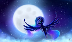 Size: 1842x1084 | Tagged: safe, artist:ghst-qn, imported from derpibooru, princess luna, alicorn, pony, backlighting, female, flying, jewelry, looking at you, looking back, mare, moon, night, night sky, regalia, signature, sky, smiling, solo, spread wings, stars, wings