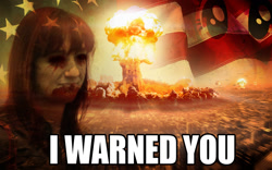 Size: 1280x800 | Tagged: safe, imported from derpibooru, twilight sparkle, human, blood, doom faust, doom paul, explosion, eyes, flag, image macro, irl, irl human, lauren faust, meme, mushroom cloud, nuclear weapon, photo, twilight sparkle (alicorn), united states