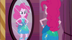 Size: 576x324 | Tagged: safe, imported from derpibooru, screencap, pinkie pie, equestria girls, equestria girls (movie), animated, balloon, boots, bracelet, clothes, dress, female, high heel boots, jewelry, mirror, solo, this is our big night