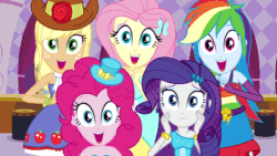 Size: 576x324 | Tagged: safe, imported from derpibooru, screencap, applejack, fluttershy, pinkie pie, rainbow dash, rarity, equestria girls, equestria girls (movie), animated, animation error, blinking, faic, fall formal outfits, female, gif, humane five, humane five's encounter, implied hug, incoming hug, it's coming right at us, this is our big night, this will end well, welcome to the herd