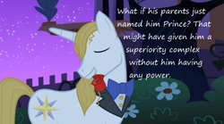 Size: 1060x591 | Tagged: safe, edit, edited screencap, imported from derpibooru, screencap, prince blueblood, the best night ever, headcanon, insane pony thread, male, rose, solo, tumblr