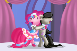 Size: 1800x1200 | Tagged: safe, artist:crazypon3, imported from derpibooru, octavia melody, pinkie pie, earth pony, pony, ^^, clothes, dress, duo, eyes closed, gala dress, hug, octavia is inkie pie, open mouth, open smile, sisters, smiling