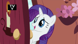 Size: 500x281 | Tagged: safe, imported from derpibooru, screencap, rarity, secret of my excess, animated, door, female, gasp, solo, tv rating
