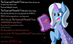 Size: 4950x3000 | Tagged: safe, artist:fetchbeer, imported from derpibooru, trixie, parody, peanut butter crackers, taken, text