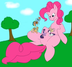 Size: 900x839 | Tagged: safe, imported from derpibooru, applejack, fluttershy, pinkie pie, rainbow dash, rarity, twilight sparkle, alicorn, pony, female, giant pony, macro, mare, twilight sparkle (alicorn)