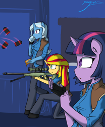 Size: 1500x1800 | Tagged: safe, artist:xonitum, imported from derpibooru, sunset shimmer, trixie, twilight sparkle, anthro, unguligrade anthro, unicorn, equestria girls, counterparts, crossover, gun, horn, magical trio, mug, oh shit, optical sight, peanut butter crackers, rifle, scrunchy face, sniper, sniper rifle, team fortress 2, this will end in death, twilight's counterparts, weapon