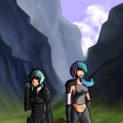 Size: 3000x3000 | Tagged: safe, artist:checkerboardazn, imported from derpibooru, lyra heartstrings, princess celestia, human, armor, duo, elf ears, humanized, mountain