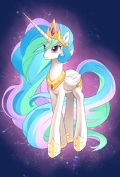 Size: 1500x2200 | Tagged: safe, artist:katiramoon, imported from derpibooru, princess celestia, female, glowing mane, long mane, long tail, solo