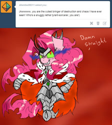 Size: 846x945 | Tagged: safe, artist:ichibangravity, imported from derpibooru, king sombra, pinkie pie, ask king sombra pie, female, possessed, possession, solo, tumblr