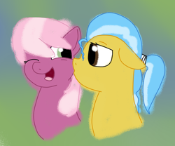 Size: 1024x853 | Tagged: safe, artist:sylver-unicorn, imported from derpibooru, cheerilee, doctor fauna, earth pony, pony, cheek kiss, duo, female, green background, kissing, lesbian, mare, shipping, simple background