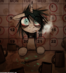 Size: 815x900 | Tagged: safe, artist:foxinshadow, imported from derpibooru, oc, oc only, oc:coffee bean, pony, unicorn, bloodshot eyes, calendar, cigarette, mug, smoking, solo