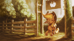 Size: 1920x1080 | Tagged: safe, artist:assasinmonkey, imported from derpibooru, applejack, pony, apple fritter (food), eyes closed, female, fence, food, mouth hold, solo