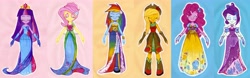Size: 6647x2075 | Tagged: safe, artist:antych, imported from derpibooru, applejack, fluttershy, pinkie pie, rainbow dash, rarity, twilight sparkle, equestria girls, bare shoulders, beautiful, clothes, dress, fall formal outfits, line-up, mane six, sleeveless, strapless