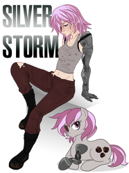 Size: 1035x1390 | Tagged: dead source, safe, artist:the-orator, imported from derpibooru, oc, oc only, oc:hired gun, cyborg, earth pony, human, pony, fallout equestria, fallout equestria: heroes, amputee, belly button, eyepatch, female, humanized, mare, midriff, prosthetic arm, prosthetic leg, prosthetic limb, prosthetics, solo