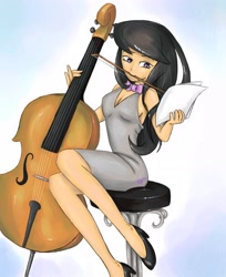 Size: 1653x2025 | Tagged: safe, artist:general-grievous101, imported from derpibooru, octavia melody, human, bow (instrument), cello, clothes, dress, female, humanized, mouth hold, musical instrument, sitting, solo