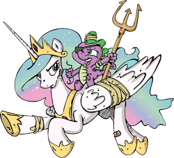 Size: 2858x2600 | Tagged: safe, idw, imported from derpibooru, princess celestia, spike, dragon, pony, spoiler:comic, spoiler:comic04, bandage, dragons riding ponies, duo, epic spike, ethereal mane, eyepatch, female, male, mare, riding, simple background, spike riding celestia, transparent background, trident, vector