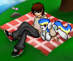 Size: 1500x1250 | Tagged: safe, artist:iroxykun, artist:psalmie, imported from derpibooru, oc, oc only, oc:psalm, human, chest fluff, duo, human on pony snuggling, picnic blanket, prone, sitting, snuggling