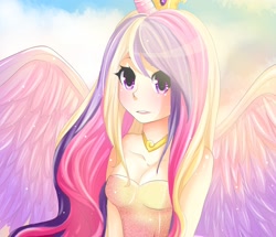 Size: 2500x2145 | Tagged: safe, artist:steffuh, imported from derpibooru, princess cadance, human, cleavage, female, horned humanization, humanized, solo, winged humanization