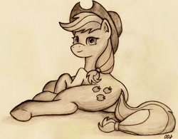 Size: 1024x798 | Tagged: safe, artist:artofcanterlot, imported from derpibooru, applejack, earth pony, female, looking back, mare, monochrome, prone, solo, traditional art