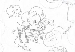 Size: 500x346 | Tagged: safe, artist:iiya, imported from derpibooru, pipsqueak, sweetie belle, human, humanized, monochrome, traditional art