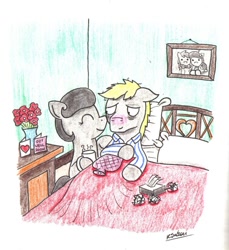 Size: 856x933 | Tagged: safe, artist:bobthedalek, imported from derpibooru, oc, oc only, oc:mixed melody, oc:octavia's father, oc:octavia's mother, oc:ostinato melody, earth pony, pony, bed, bed mane, bedroom, caring for the sick, clothes, cold, duo, female, hot water bottle, male, mug, pajamas, parent, sick, tissue, tissue box