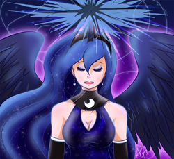 Size: 1176x1078 | Tagged: safe, artist:pettankoprincess, imported from derpibooru, princess luna, human, cleavage, female, horned humanization, humanized, solo, winged humanization