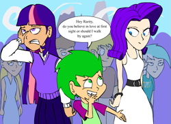 Size: 909x662 | Tagged: safe, artist:xevnest, imported from derpibooru, cloud kicker, lyra heartstrings, rarity, spike, twilight sparkle, human, bad pickup line spike, clothes, female, human spike, humanized, male, rarity is not amused, unamused