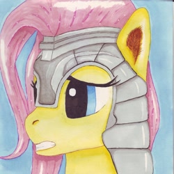 Size: 960x960 | Tagged: safe, artist:spaghettinoodles, imported from derpibooru, fluttershy, private pansy, armor, cute, determined, ear fluff, female, frown, gritted teeth, helmet, nervous, scared, solo