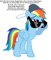 Size: 821x972 | Tagged: safe, imported from derpibooru, rainbow dash, pegasus, pony, may the best pet win, backwards ballcap, baseball cap, basic thuganomics, cap, female, hat, john cena, mare, simple background, solo, song reference, sunglasses, transparent background, vector, word life, wwe