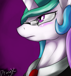 Size: 400x427 | Tagged: safe, artist:dragk, imported from derpibooru, princess celestia, blushing, clothes, female, glasses, necktie, solo, suit