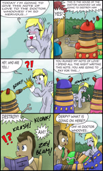 Size: 1852x3070 | Tagged: safe, artist:ciriliko, imported from derpibooru, derpy hooves, doctor whooves, time turner, earth pony, pegasus, pony, background pony, blushing, comic, creeper, crossover, dalek, doctor who, engrish, female, krash, love letters, male, mare, necktie, stallion, zas