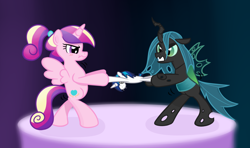 Size: 1024x606 | Tagged: safe, artist:hip-indeed, imported from derpibooru, princess cadance, queen chrysalis, shining armor, alicorn, changeling, changeling queen, nymph, pony, cute, cutealis, cutedance, doll, duo, duo female, female, fight, filly, filly queen chrysalis, foal, gradient background, plushie, shining armor plushie, teen princess cadance, teenager, toy, younger