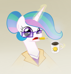 Size: 773x798 | Tagged: safe, artist:hip-indeed, imported from derpibooru, princess celestia, coffee, female, glasses, magic, mouth hold, pencil, solo