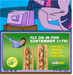 Size: 710x726 | Tagged: safe, imported from derpibooru, twilight sparkle, 9/11, exploitable meme, fake, food, meme, obligatory pony, satire, subway, the onion, tv meme, we are going to hell