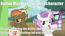 Size: 1280x720 | Tagged: safe, edit, edited screencap, imported from derpibooru, screencap, apple bytes, archer (character), button mash, scootablue, sweetie belle, hearts and hooves day (episode), arcade game, dexterous hooves, duo focus, hearts and hooves day, image macro, the perfect stallion, tongue out