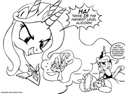 Size: 900x675 | Tagged: safe, artist:zoarvek, imported from derpibooru, princess luna, trixie, twilight sparkle, twilight sparkle (alicorn), alicorn, pony, alicorn amulet, bed, dream, dream walker luna, dreamscape luna, drool, female, mare, monochrome, pun, sleeping, teddy bear