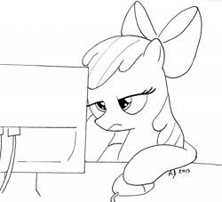 Size: 1280x1160 | Tagged: safe, artist:arrjaysketch, imported from derpibooru, apple bloom, earth pony, pony, bored, computer, computer monitor, computer mouse, female, grayscale, monitor, monochrome, solo