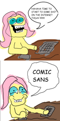 Size: 900x1800 | Tagged: safe, imported from derpibooru, fluttershy, comic, comic sans, computer mouse, fluttershy starting shit, keyboard, text, vulgar