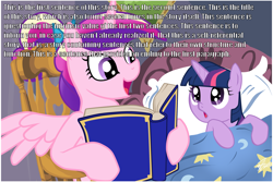 Size: 1024x683 | Tagged: safe, artist:zetared, edit, imported from derpibooru, princess cadance, twilight sparkle, alicorn, pony, unicorn, bed, bedtime story, book, cadance's bedtime stories, duo, exploitable meme, filly, horn, image macro, looking up, meme, reading, self-reference, text, this is the title of this story, wings, younger