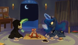 Size: 1284x750 | Tagged: safe, artist:carnifex, imported from derpibooru, princess luna, oc, skeleton pony, board game, bone, candy mountain, death (equine-morphic personification), discworld, grim reaper, moon, mort, mort takes a holiday, night, skeleton