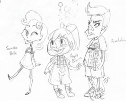 Size: 500x400 | Tagged: safe, artist:iiya, imported from derpibooru, apple bloom, scootaloo, sweetie belle, human, cutie mark crusaders, humanized, monochrome, traditional art