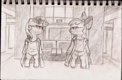 Size: 2030x1343 | Tagged: safe, artist:the_fallen_dragon, imported from derpibooru, apple bloom, sweetie belle, earth pony, pony, unicorn, bipedal, crossover, duo, female, filly, looking at each other, traditional art