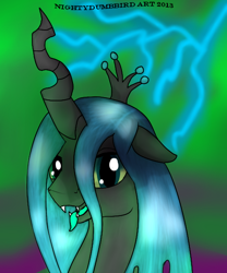 Size: 500x600 | Tagged: source needed, safe, artist:nightydumbbird, imported from derpibooru, queen chrysalis, changeling, changeling queen, female, lightning, portrait, solo