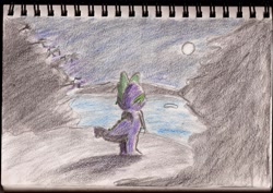 Size: 2030x1434 | Tagged: safe, artist:the_fallen_dragon, imported from derpibooru, spike, alone, fallen spike, male, moonlight, scenery, solo, traditional art